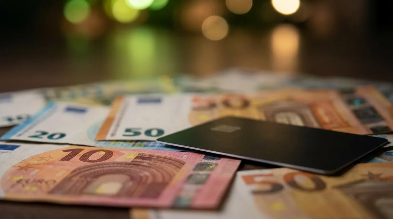 Karta płatnicza obok banknotów euro