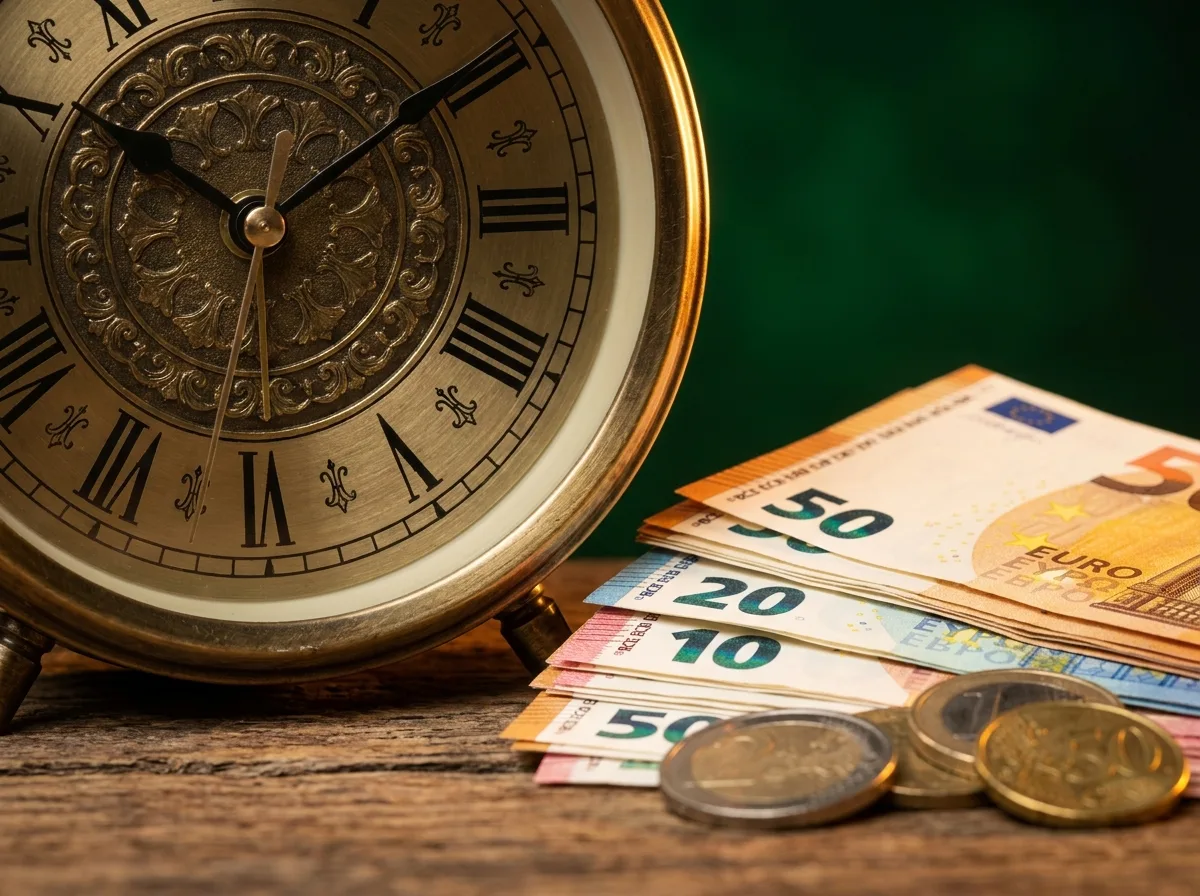 Zegar obok banknotów euro — symbol czasu realizacji wypłaty
