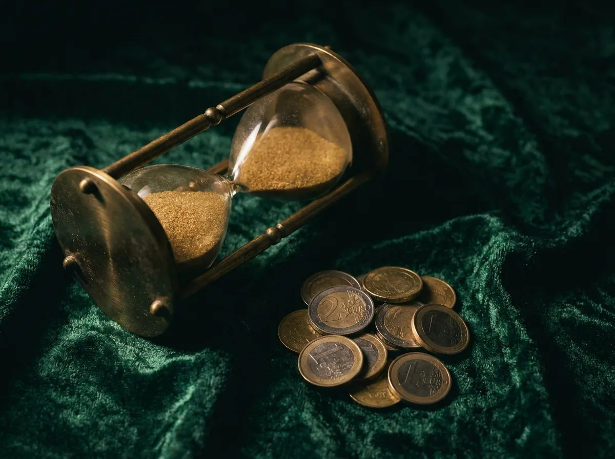 Klepsydra obok monet euro — symbol czasu oczekiwania na kolejną transzę